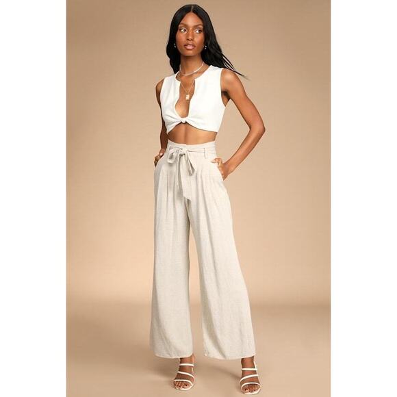 Lulus Pants - Lulus Trend Alert Beige Belted High-waisted Wide-leg Pants - Size XS